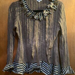 Zba Brown Sweater Striped Ruffle with Floral Appliqué Women M